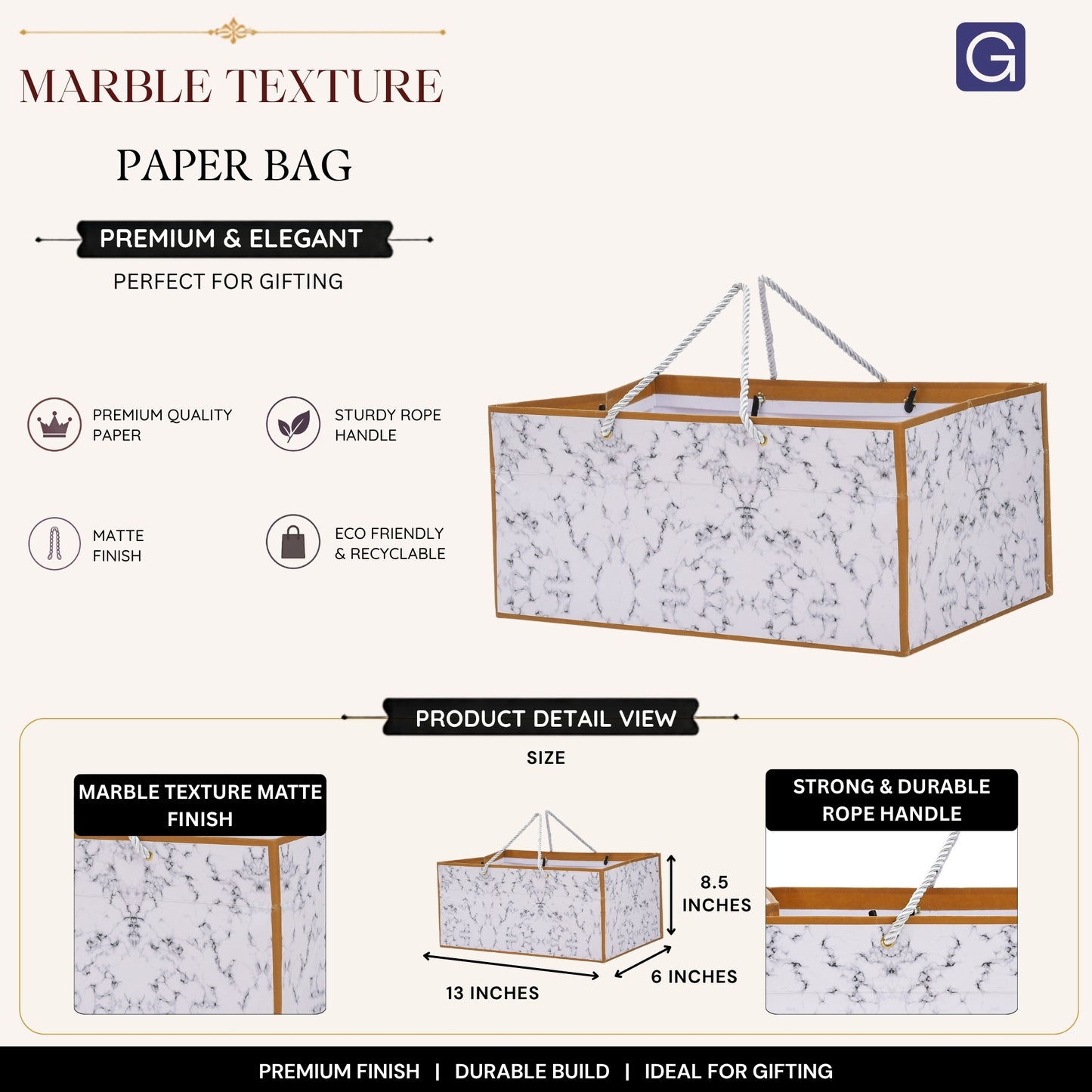 Marble Texture Print Paper Gift Bag 13x8.5x6 Inch | Luxury Corporate & Festive Hamper Packaging