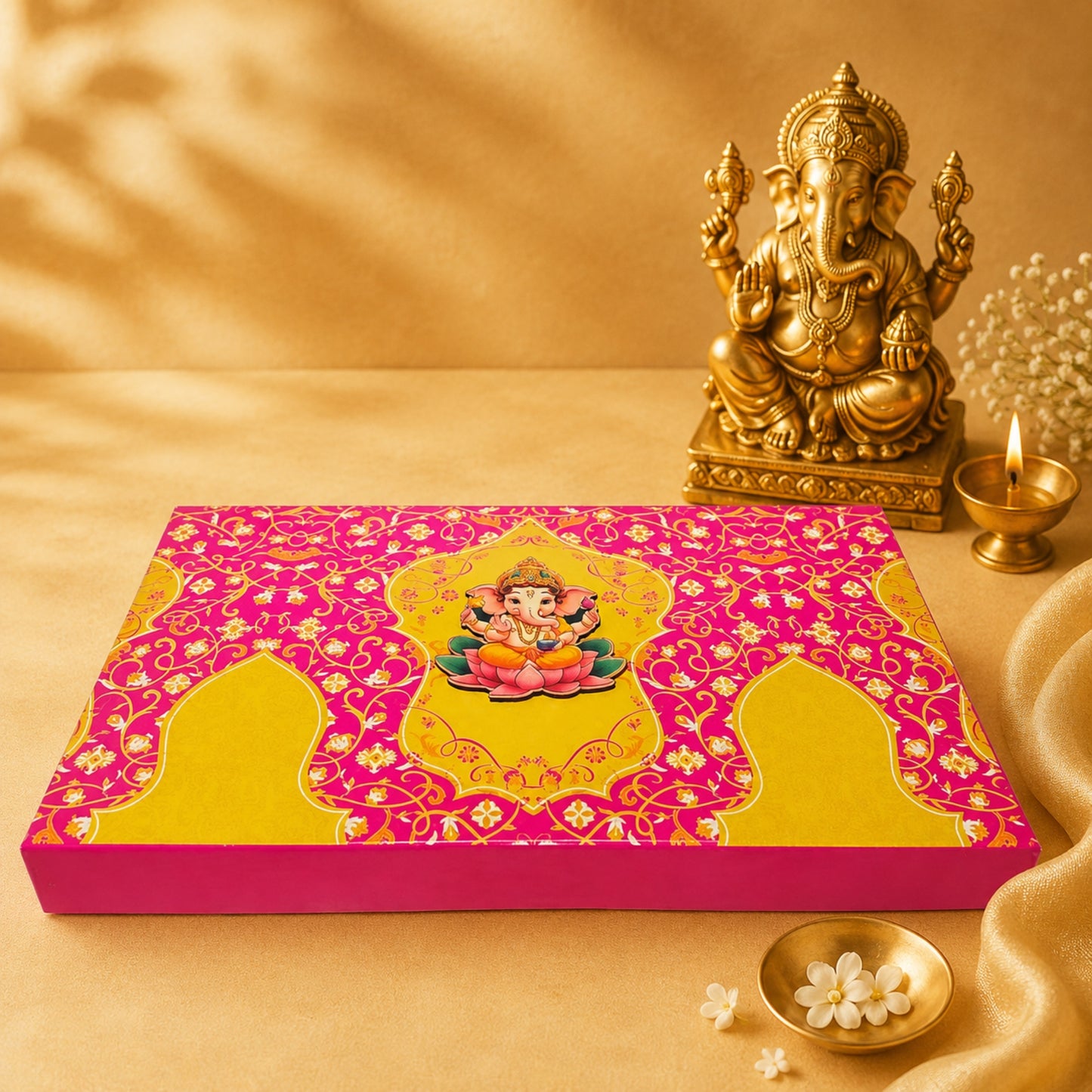 Royal Ganesha Lotus Gift Box | Pink & Gold Premium Modak & Sweet Packaging Box