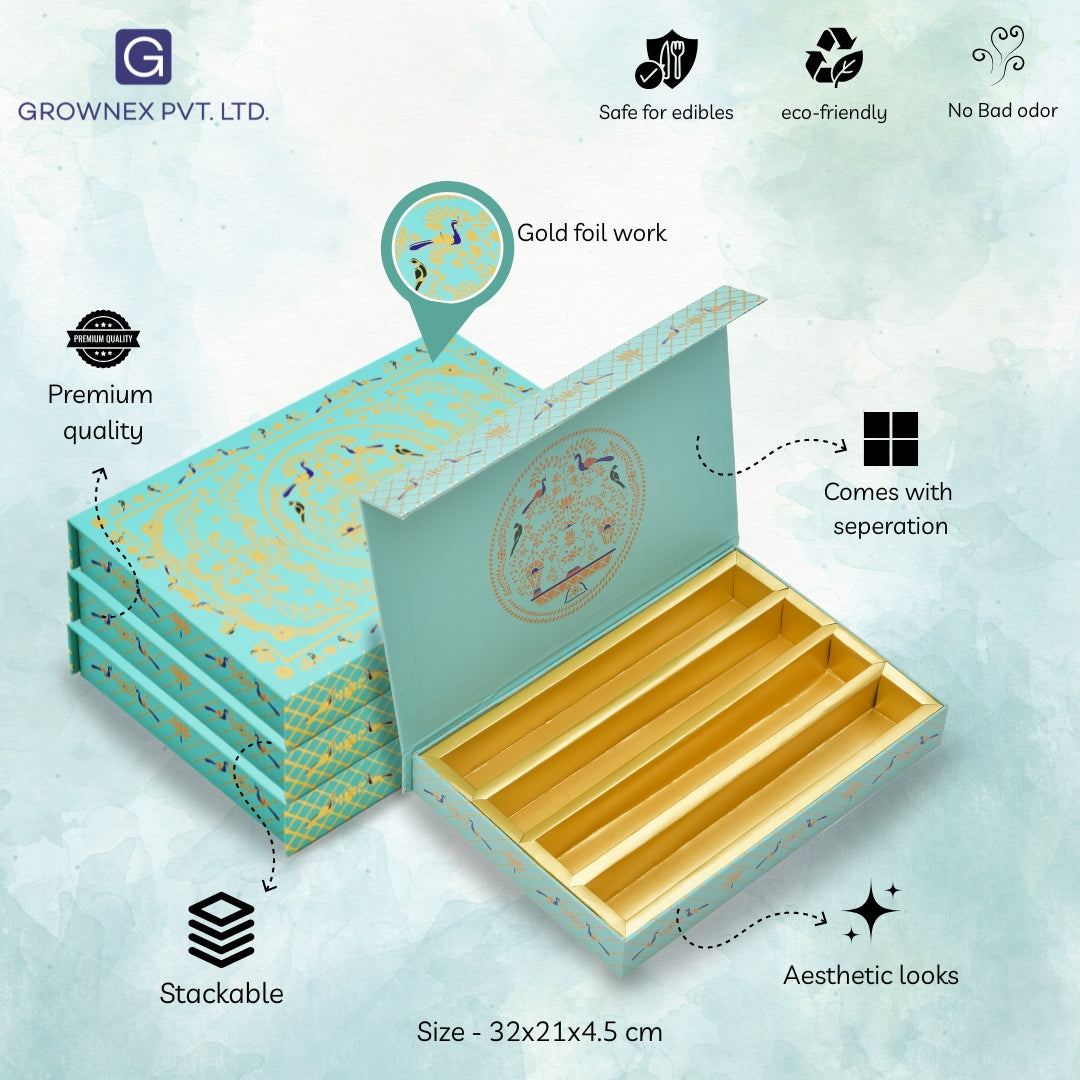 Luxury Ganesh Sky Blue Sweet Box – Gold Foil Embossing & Magnetic Closure | Grownex Packaging | Sweet Box