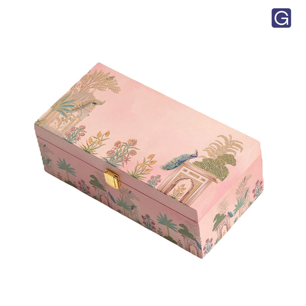 Pink Peacock wooden gift box with 2 glass jars 