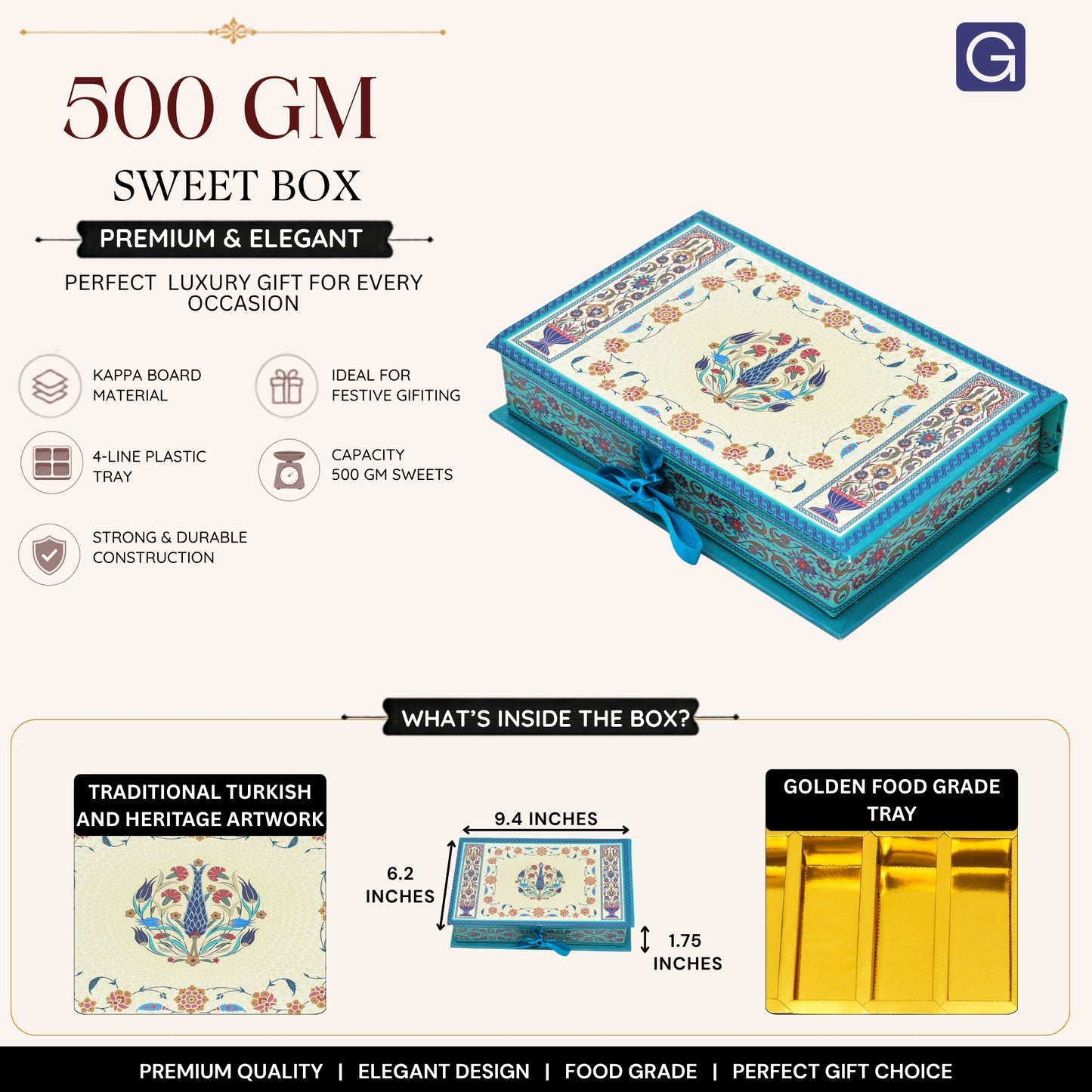 Heritage Blue 4 Line Sweet Box | 500gm Premium File Mithai Gifting Box