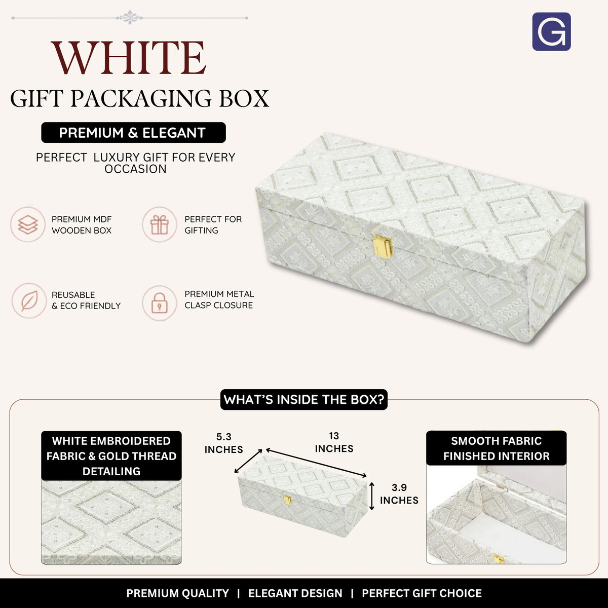 Premium White Embroidered Fabric Storage & Gift Box | Decorative Empty Gift Box