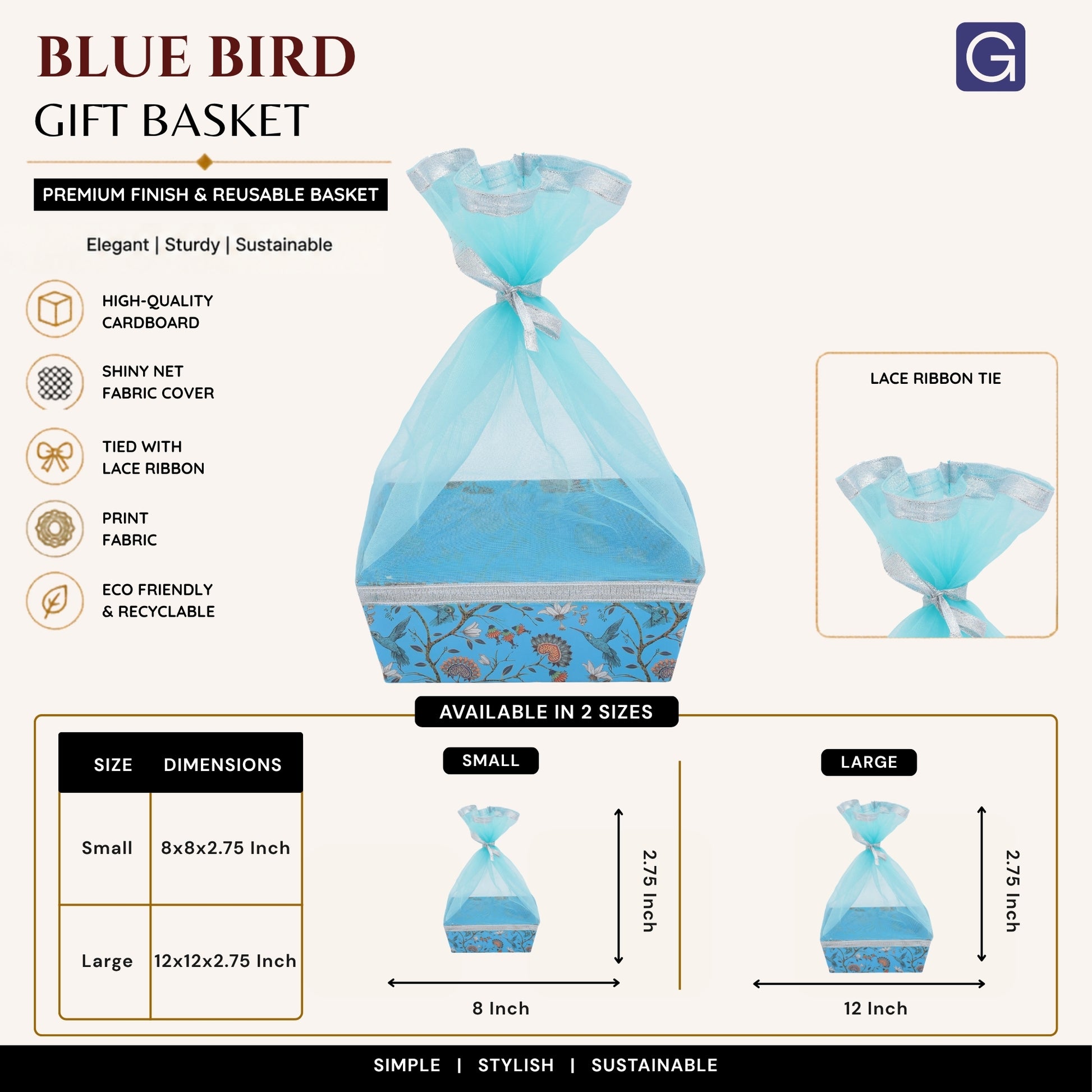 Blue Bird Print Gift Hamper Basket - Size & Dimensions | Grownex Packaging