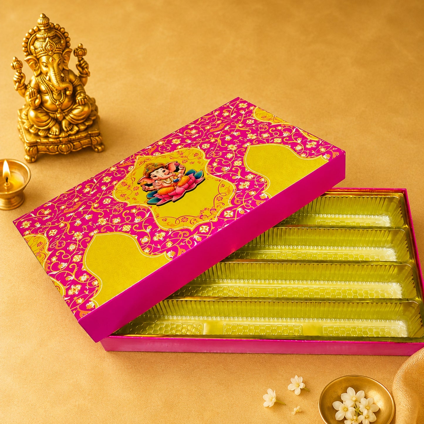 Royal Ganesha Lotus Gift Box | Pink & Gold Premium Modak & Sweet Packaging Box