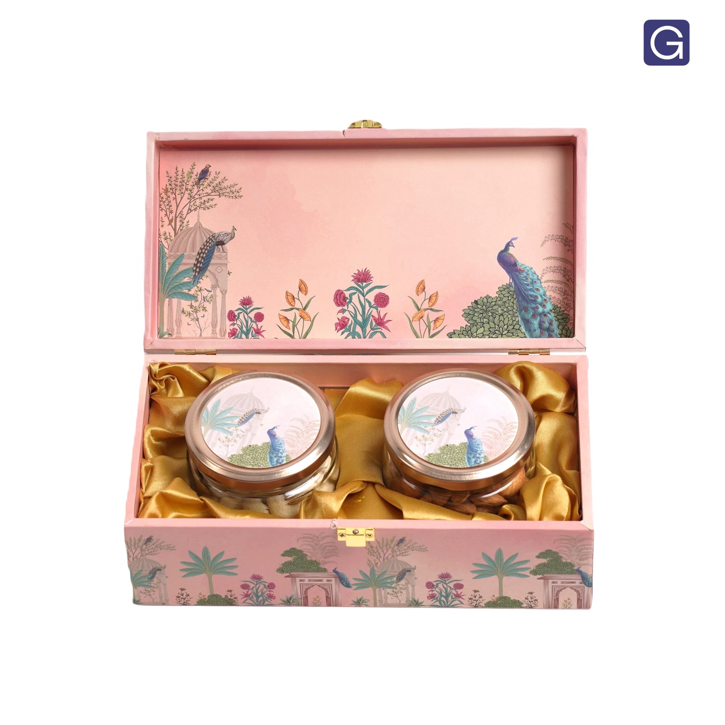 Pink Peacock Dry Fruit Gift Box | Wooden Hamper with 2 Glass Jars for Special Occasions