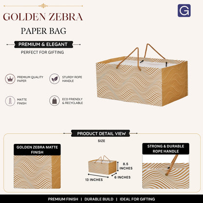 Golden Zebra Print Paper Bag 13x8.5x6 Inch | Luxury Hamper & Festive Gift Packaging