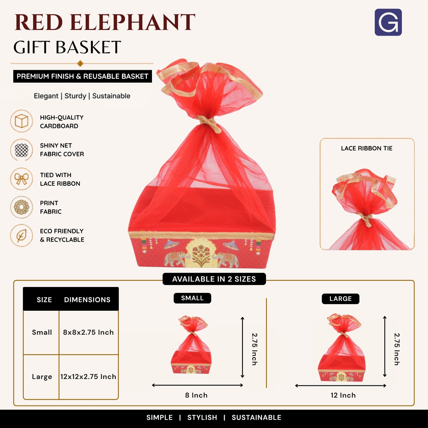 Red Elephant Print Gift Hamper Basket - Size & Dimensions | Grownex Packaging