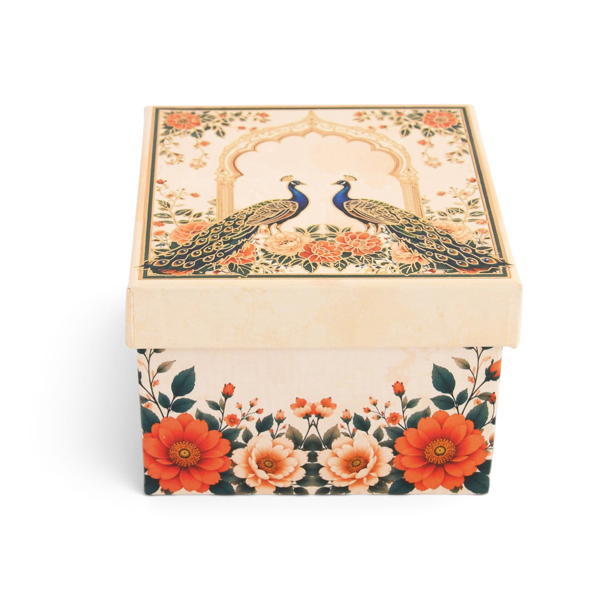 Cream Peacock Print Laddoo and Sweet Box 1 Piece