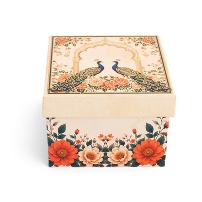 Cream Peacock Print Laddoo and Sweet Box 1 Piece