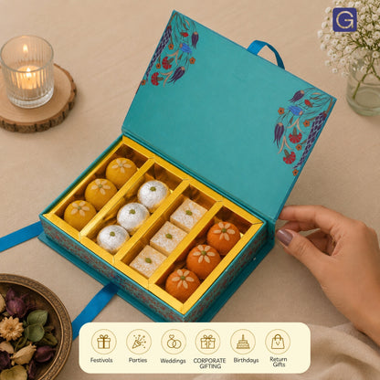 Heritage Blue 4 Line Sweet Box | 500gm Premium File Mithai Gifting Box