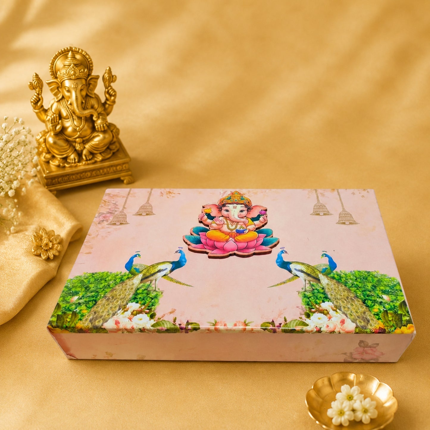 Pink Ganpati 4 Line Gift Box | Peacock Design Premium Modak & Sweet Packaging