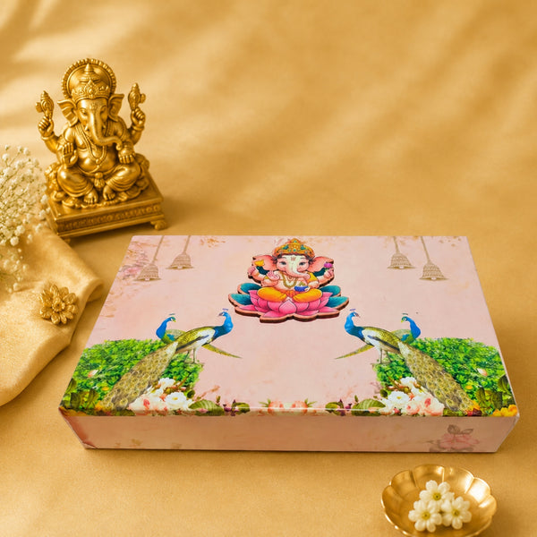 Pink Ganpati 4 Line Gift Box | Peacock Design Premium Modak & Sweet Packaging