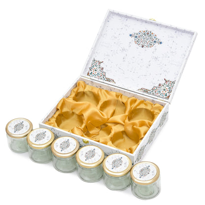 6-Jar White Marble Wooden Gift Box with Gold Foiling – Luxury Festival Packaging