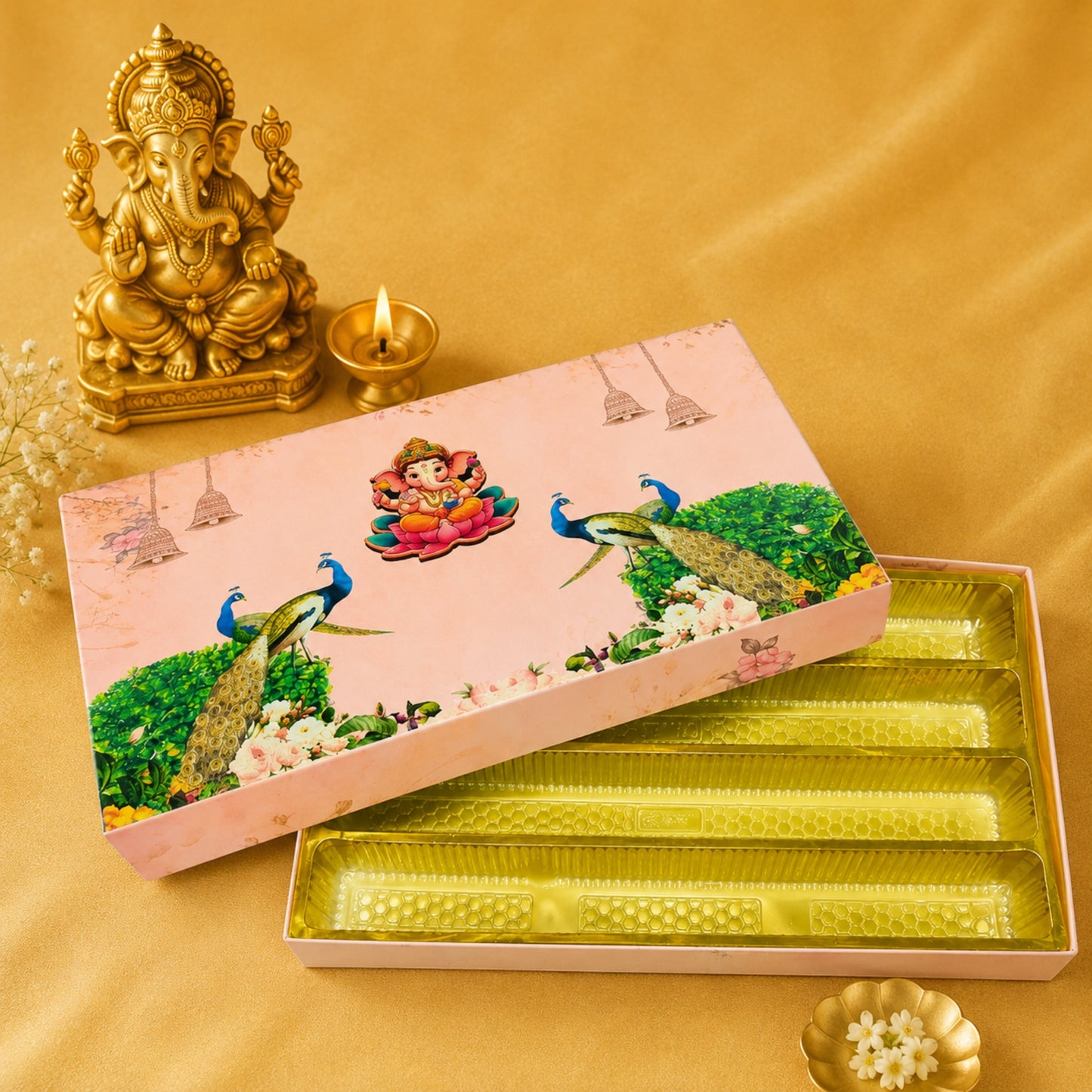 Pink Ganpati 4 Line Gift Box | Peacock Design Premium Modak & Sweet Packaging