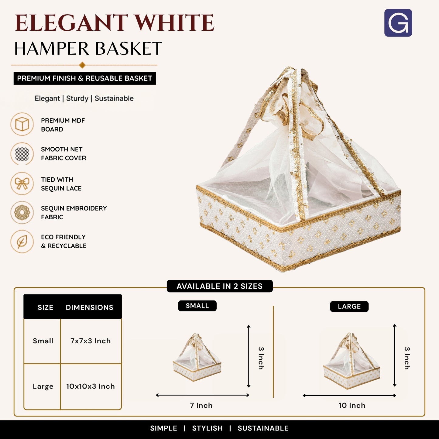 Elegant White Net Cover Hamper Basket with Handle - Size & Dimensions | Grownex Packaging