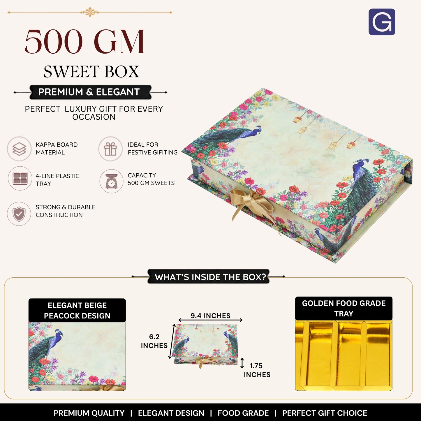 Beige Peacock 4 Line Sweet Box | 500gm Premium File Mithai Gifting Box