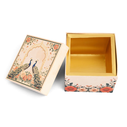 Cream Peacock Print Laddoo and Sweet Box 1 Piece
