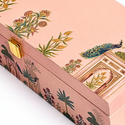 Pink Peacock Dry Fruit Gift Box | Wooden Hamper with 2 Glass Jars for Special Occasions