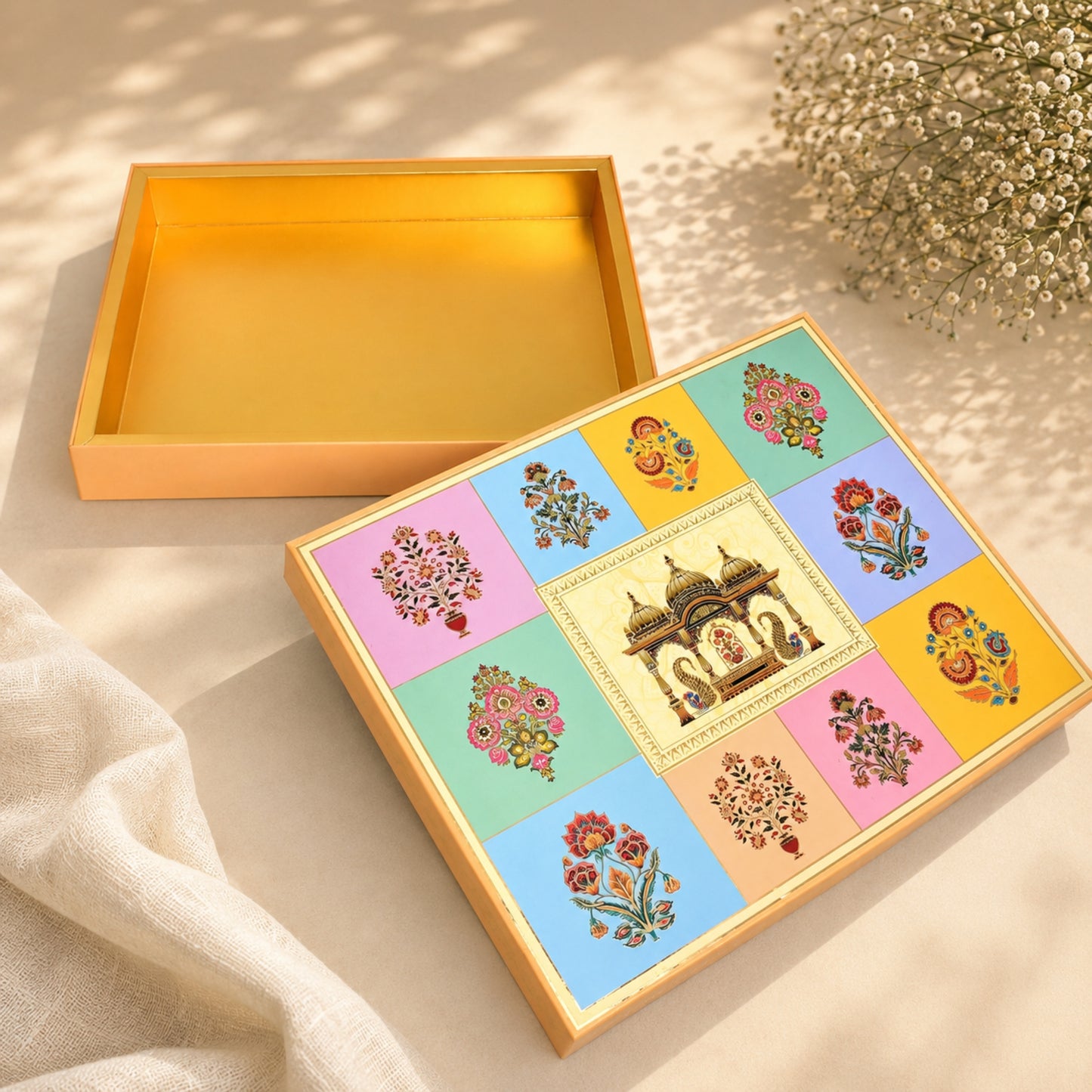 Rajwadi Pooja Theme Foil Print Saree Hamper Box | Wedding Trousseau & Festive Gifting
