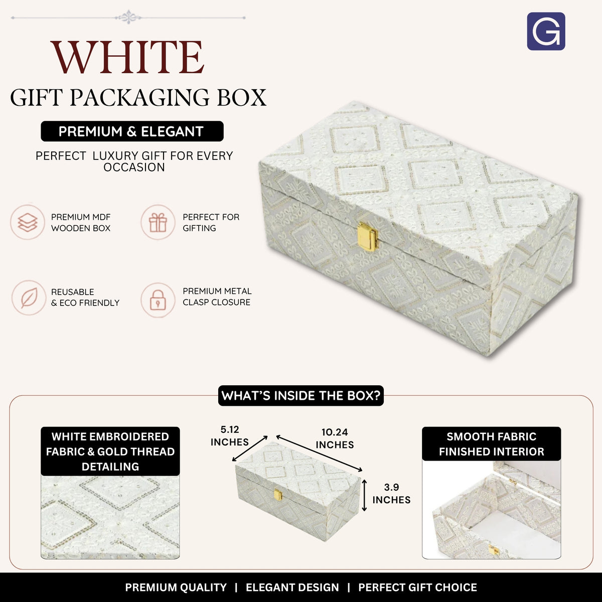 Luxury White Embroidered Fabric Mithai & Dry Fruit Storage Box with Golden Lock (26 × 13 × 10 cm)