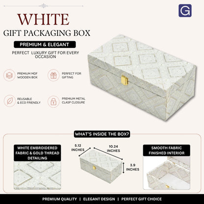 Luxury White Embroidered Fabric Mithai & Dry Fruit Storage Box with Golden Lock (26 × 13 × 10 cm)