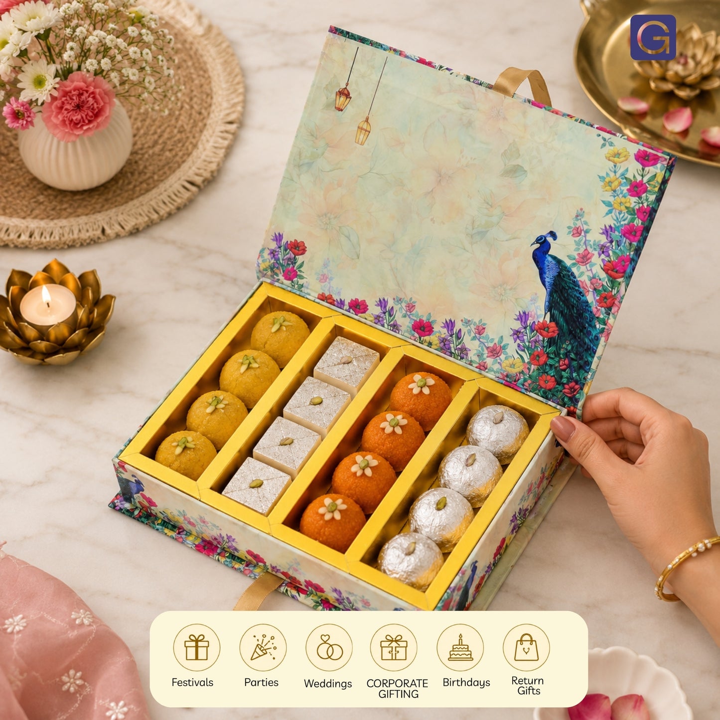 Beige Peacock 4 Line Sweet Box | 500gm Premium File Mithai Gifting Box