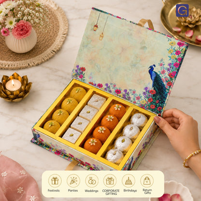 Beige Peacock 4 Line Sweet Box | 500gm Premium File Mithai Gifting Box