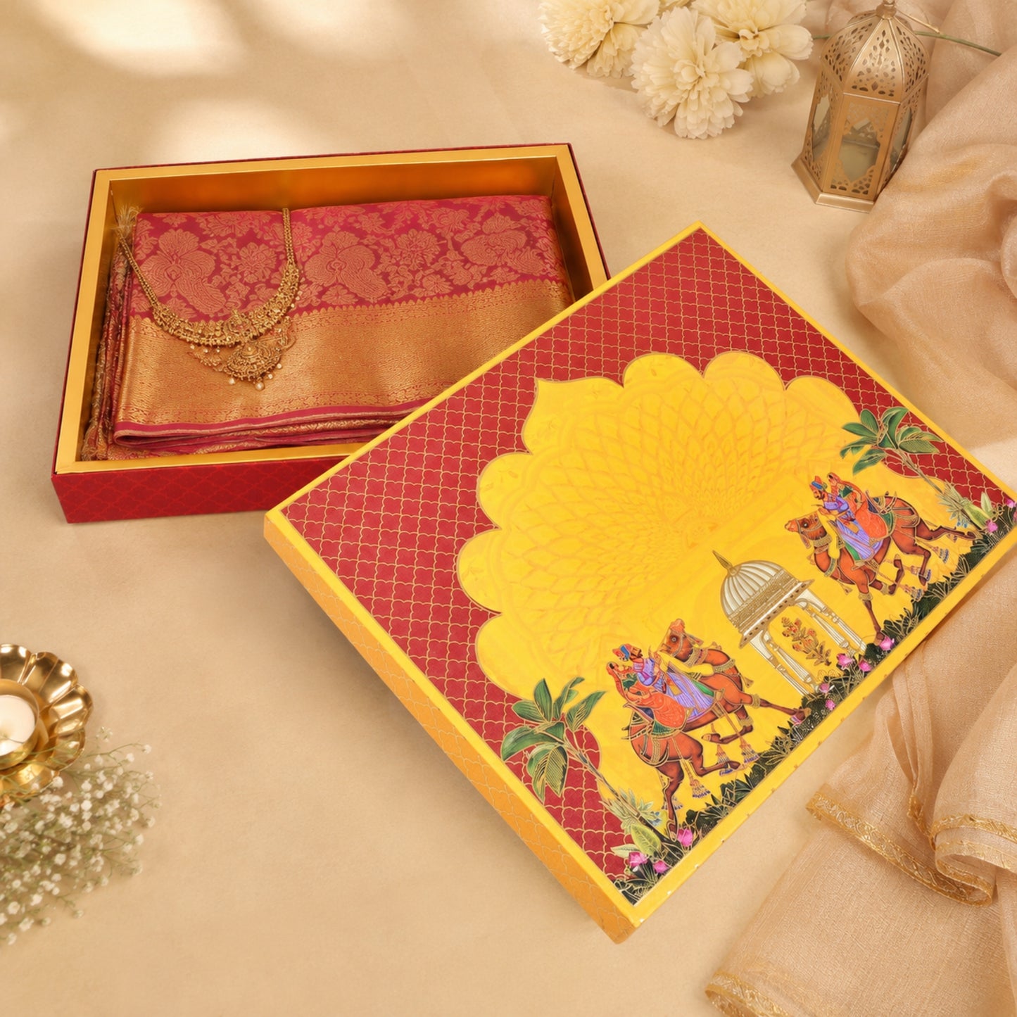 Rajasthani Theme Foil Print Saree & Clothes Hamper Box | Wedding Trousseau & Festive Gift Packaging