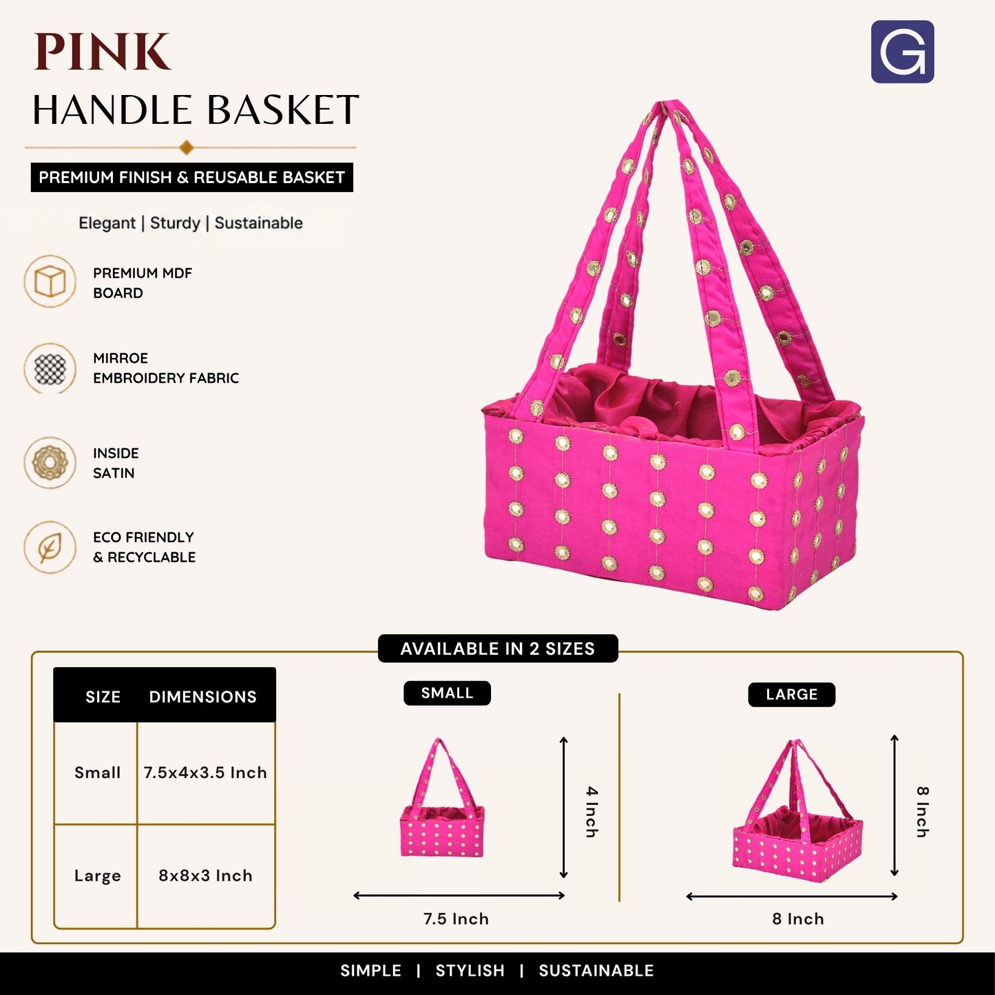 Pink Handmade Mirror Work Handle Basket | Decorative Gift Hamper Basket