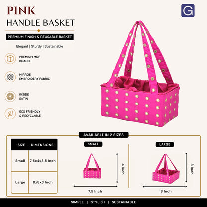 Pink Handmade Mirror Work Handle Basket | Decorative Gift Hamper Basket