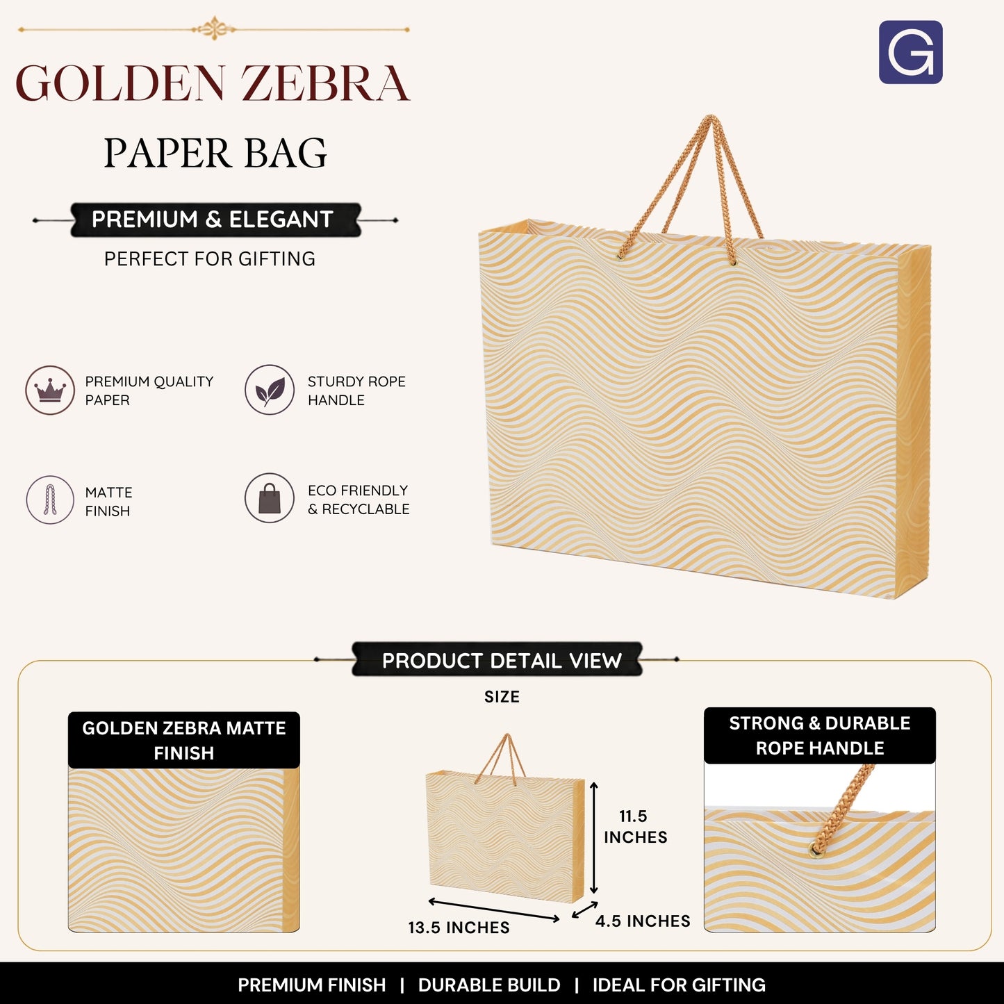 Golden Zebra Print Paper Bag 11.5x4.5x13.5 Inch | Luxury Boutique & Festive Packaging