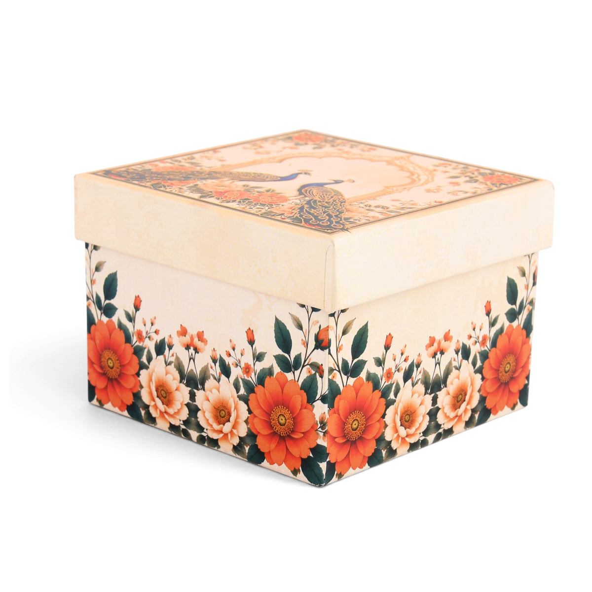 Cream Peacock Print Laddoo and Sweet Box 1 Piece