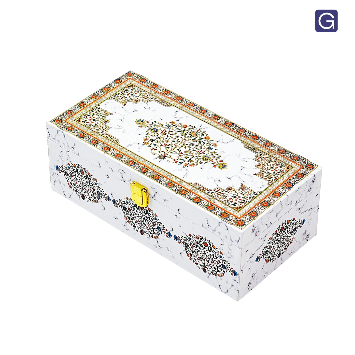 White marble gift box filled with dry fruits