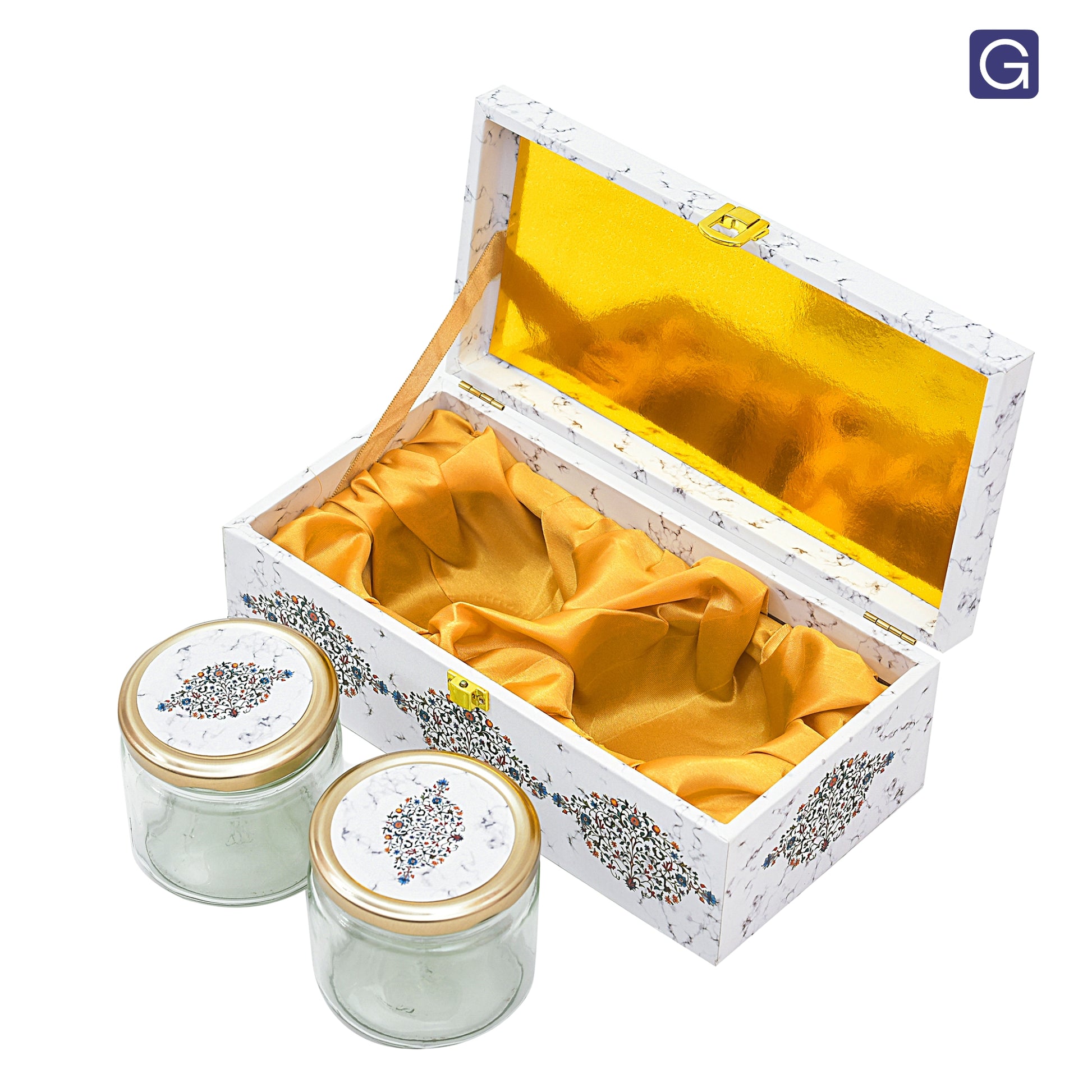 Open white marble hamper box showing 2 glass jars  