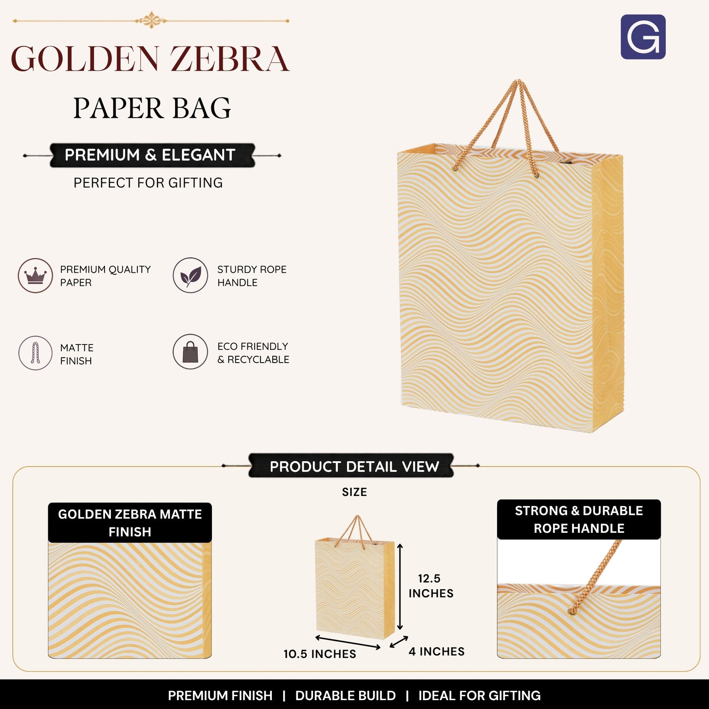Golden Zebra Print Paper Bag 10.5x4x12.5 Inch | Luxury Boutique & Festive Packaging