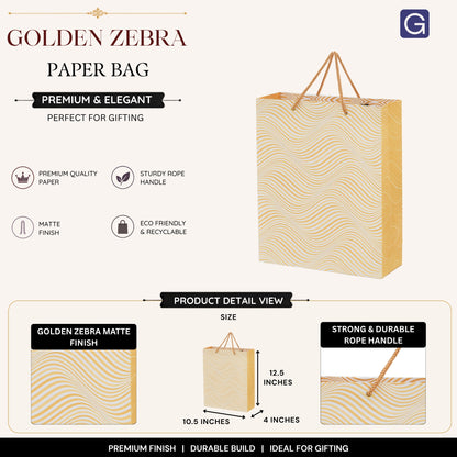 Golden Zebra Print Paper Bag 10.5x4x12.5 Inch | Luxury Boutique & Festive Packaging