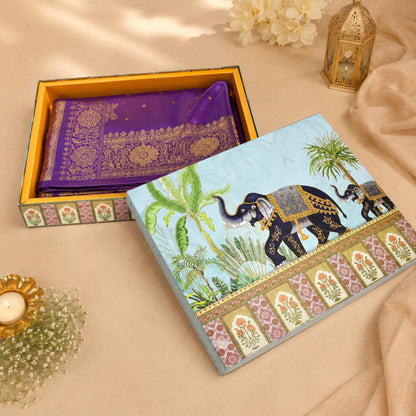 Blue Royal Elephant Foil Print Saree & Clothes Hamper Box | Wedding Trousseau & Festive Gift Packaging