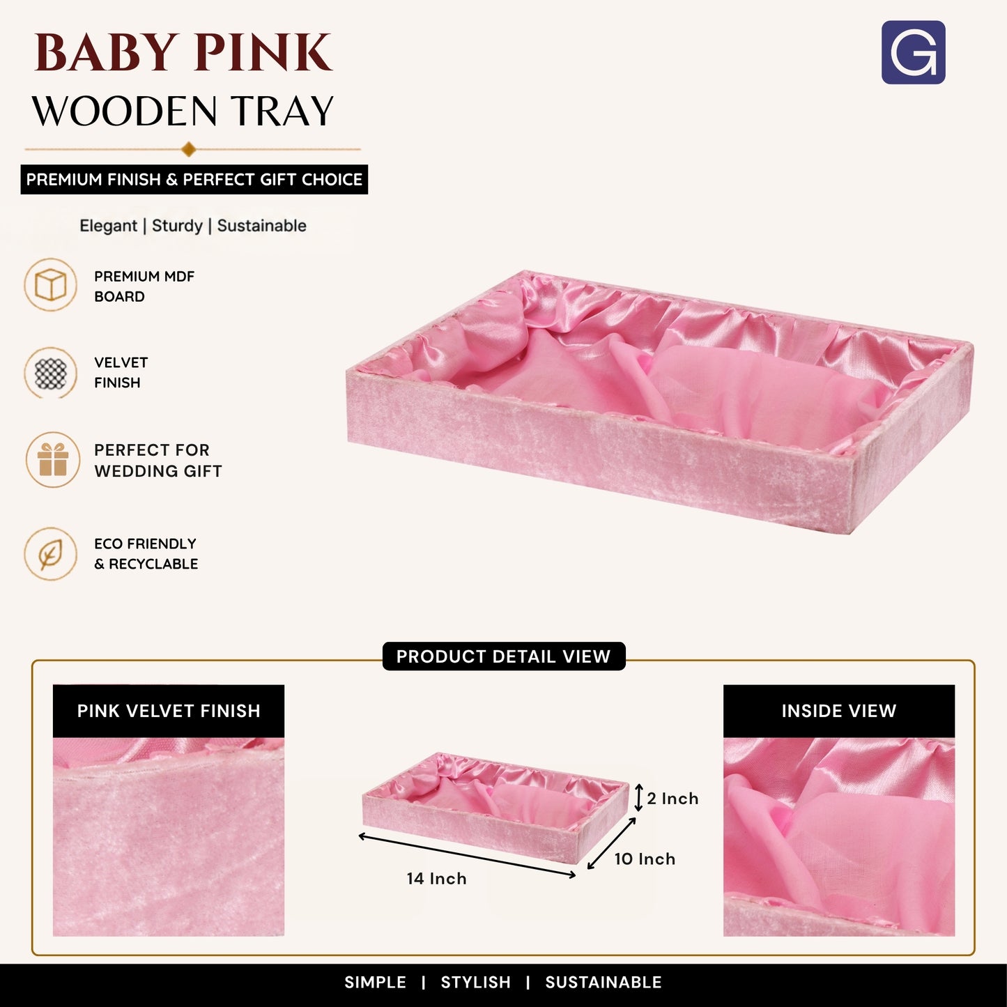 Baby Pink Velvet Wooden Tray (14 x 10 x 2 Inches)