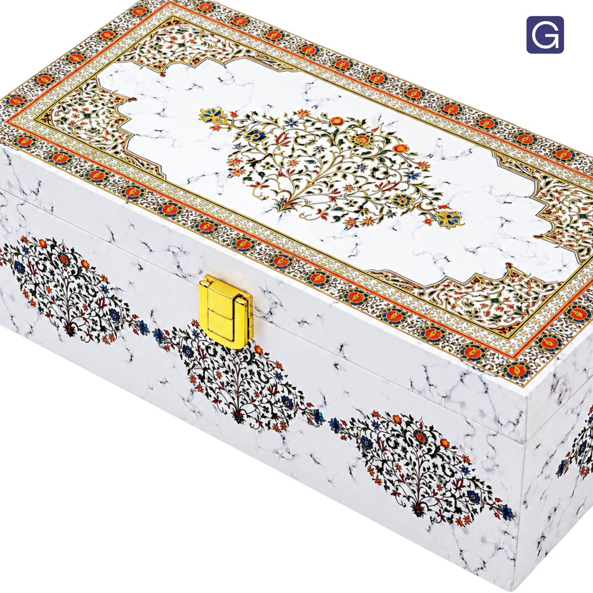 Metal clasp closure on white marble wooden box