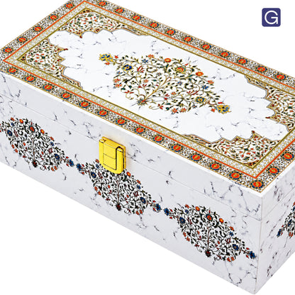 Metal clasp closure on white marble wooden box