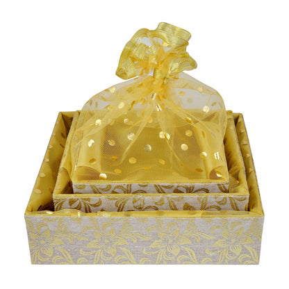 Set of 3 Golden Jute Gift Hamper Basket | Grownex Packaging | Basket & Tray