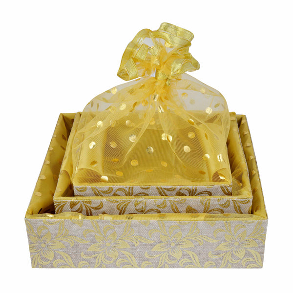 Golden Jute Gift Hamper Basket Set of 3 - Front View | Grownex Packaging

