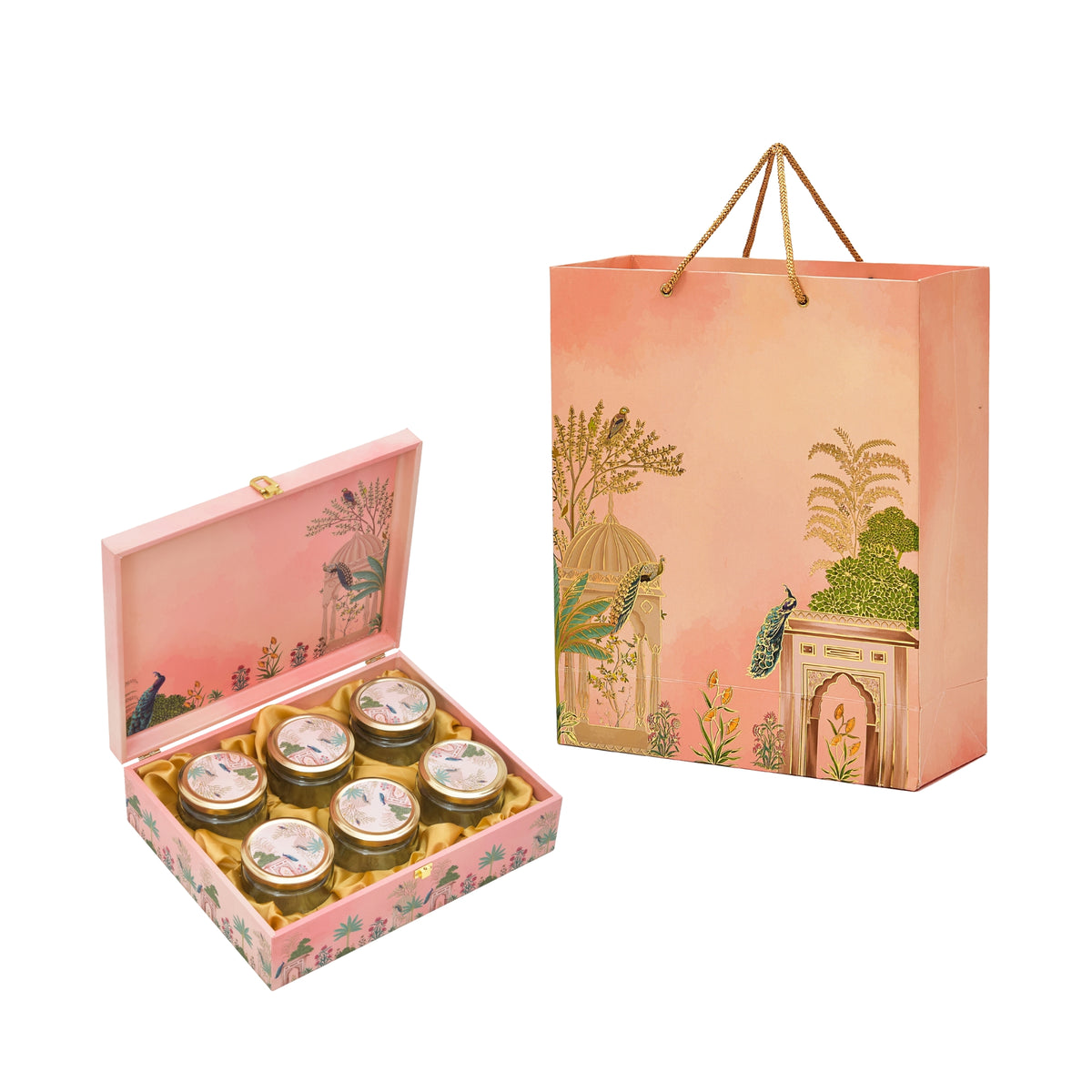 Peacock Garden Wooden Gift Box with Matching Paper Bag – 6 Jar Combo | Luxury Festive Packaging for Celebrations