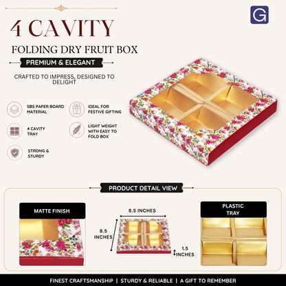 Floral Print Square Dry Fruit Folding Box | 4 Compartment Premium Gift & Storage Box