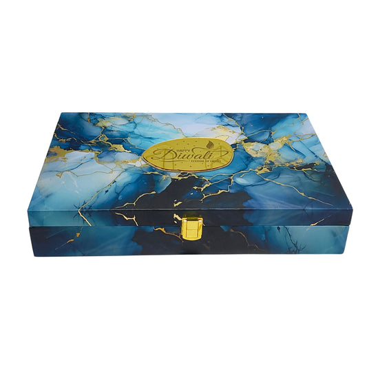 Blue Marble Diwali Gift Box with 6 Compartments – Luxury Festive Hamper | Grownex Packaging | wooden box