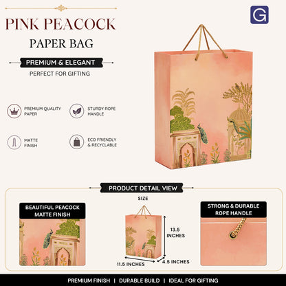 Pink Peacock Foil Matte Paper Gift Bag 11.5x4.5x13.5 Inch | Wedding & Retail Packaging