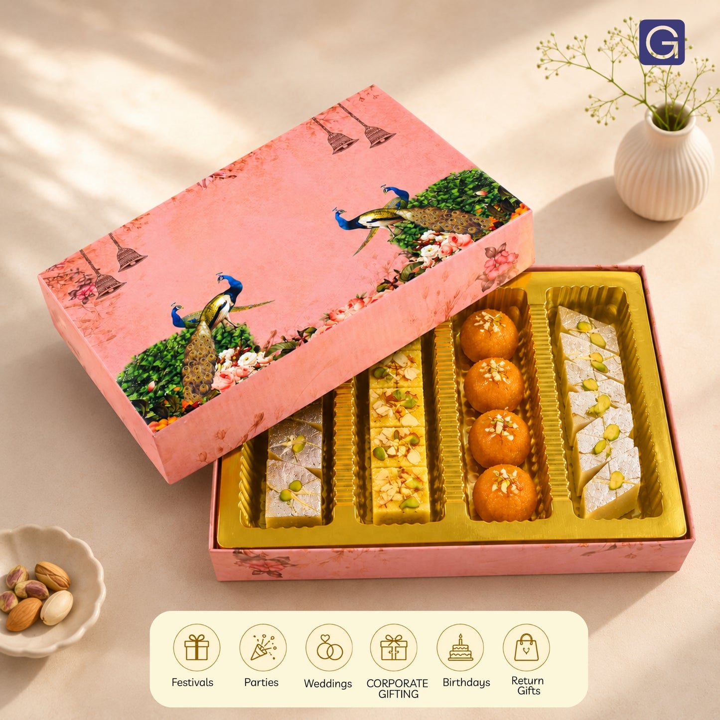Pink Peacock 4 Line Sweet Box | 500gm Premium Mithai Gifting Box