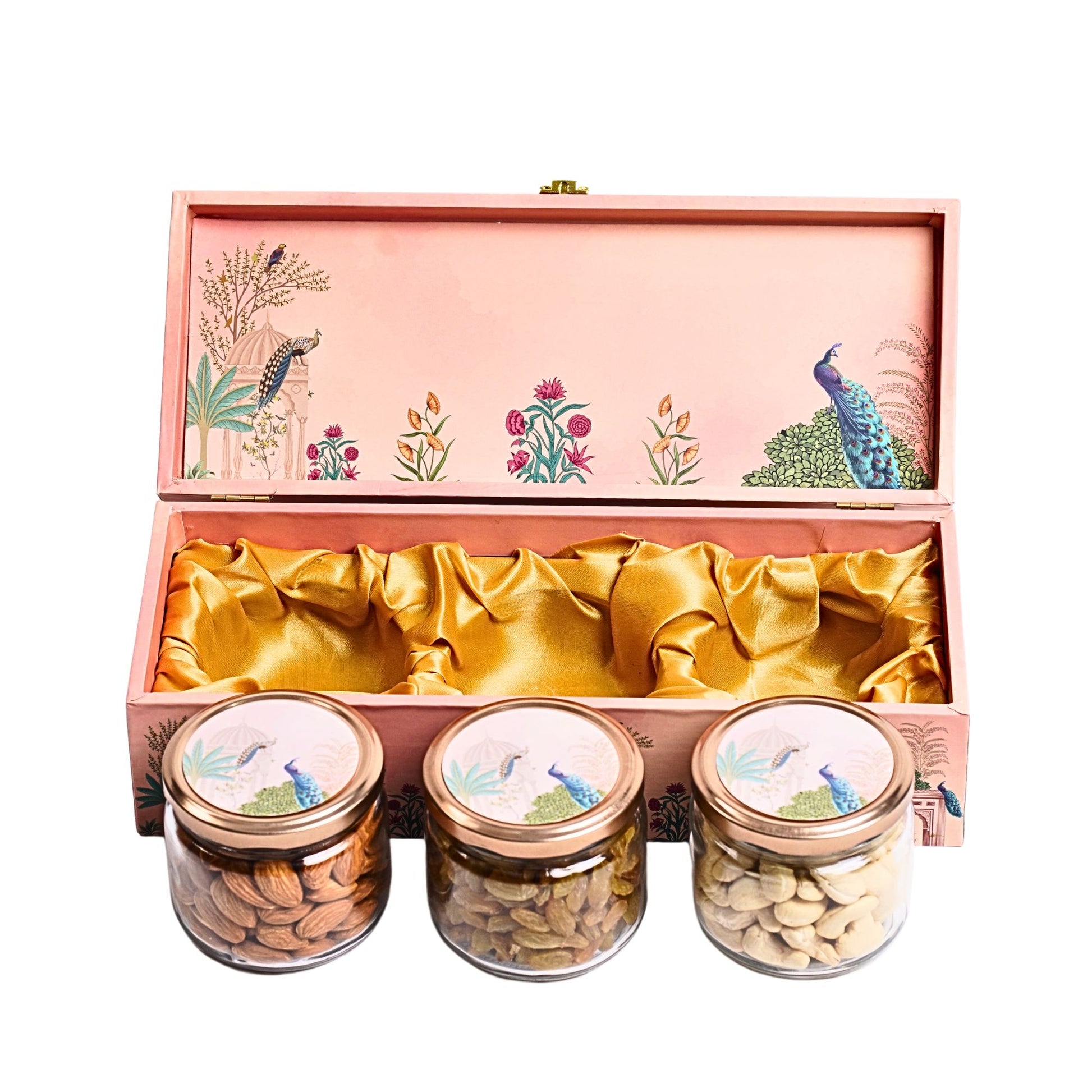 3 Jar Pink Peacock Wooden Gift Box | Grownex Packaging | wooden box