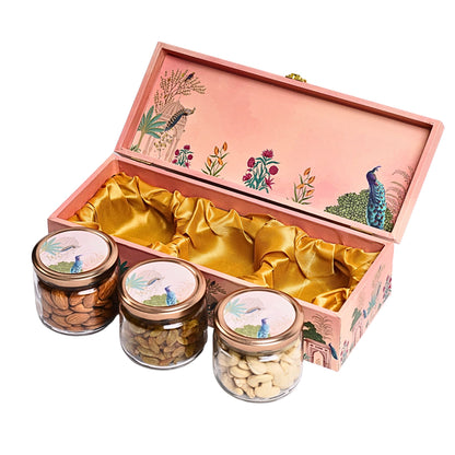 3 Jar Pink Peacock Wooden Gift Box | Grownex Packaging | wooden box