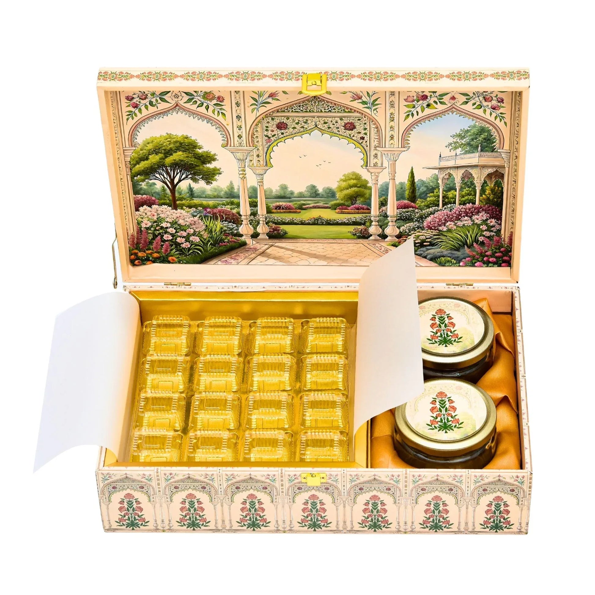 Royal Mughal Garden Luxury Gift Box - Premium Wooden Festive Hamper with Jars & Chocolate Cavity | Grownex Packaging | Hamper Box
